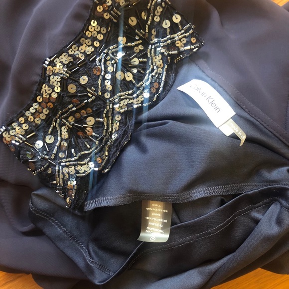 Calvin Klein Sheer Beaded Cocktail Dress (Navy) - Picture 4 of 4